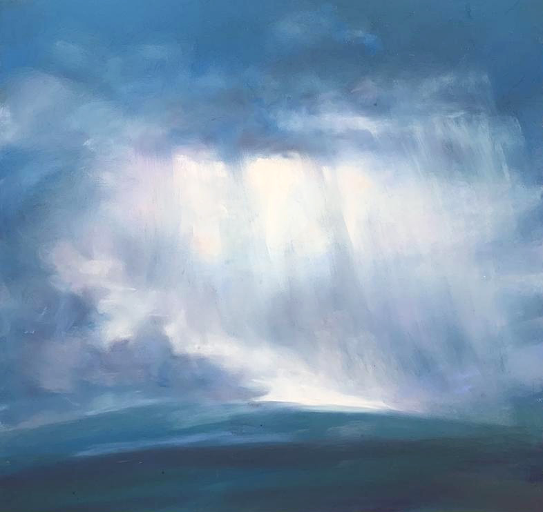 Painting of a cloudy sky with dark blue rain clouds and rain falling down
