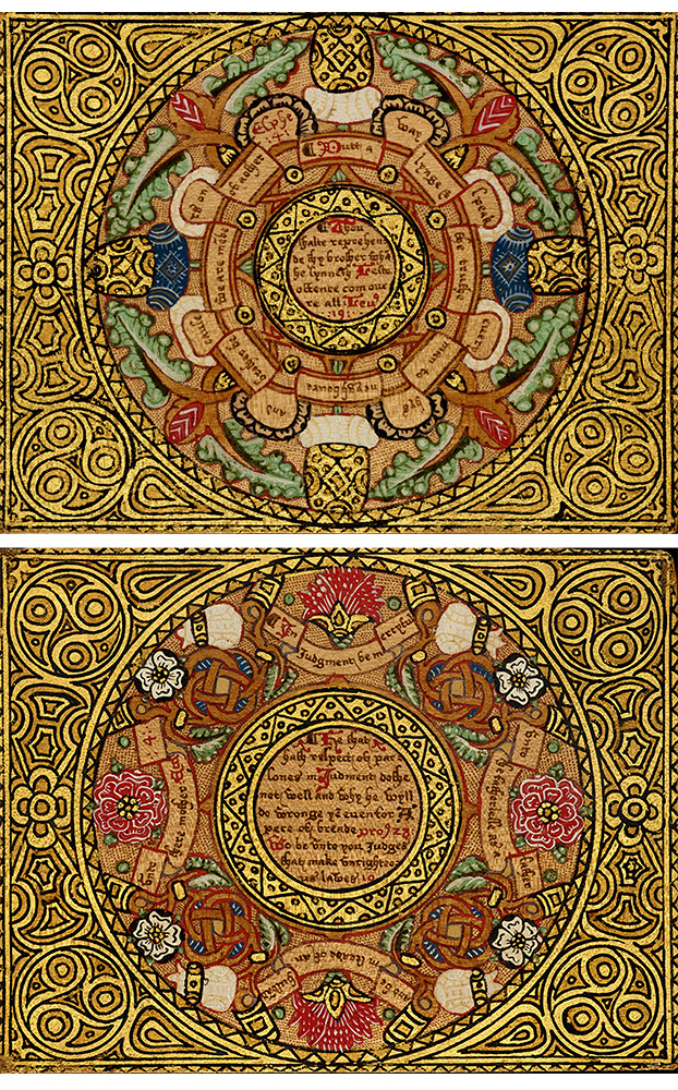 Two highly decorative Elizabethan trenchers (feasting plates) in golds, reds and blues