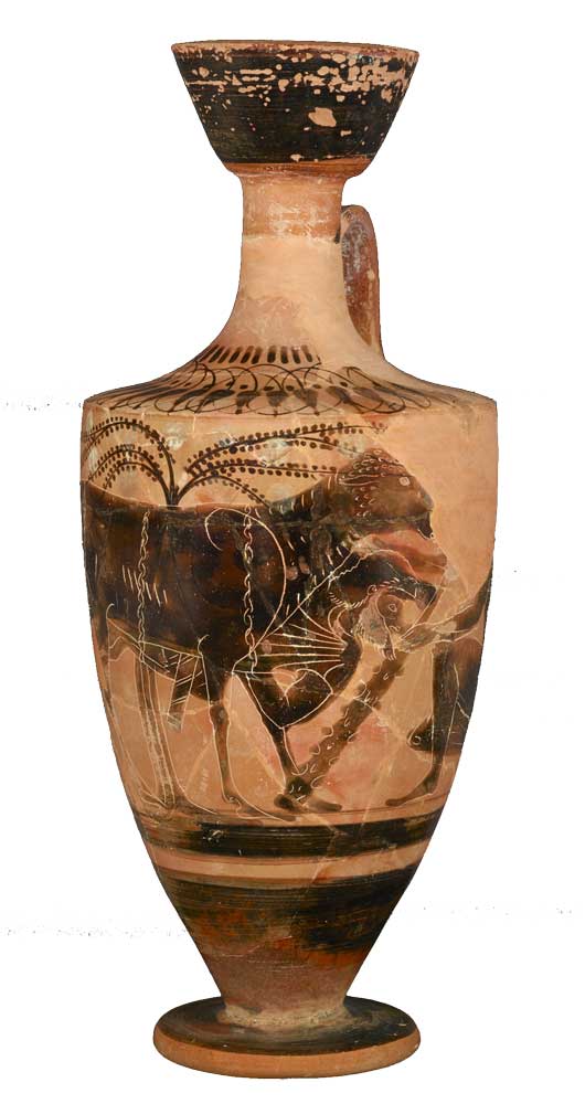 Attic black-figure pottery lekythos depicting Odysseus clinging on to a ram