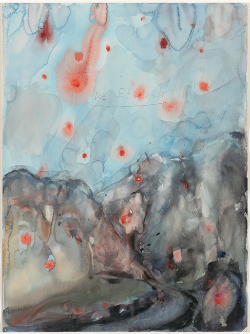 Ethereal painting by Anselm Kiefer of The Adige in pale blues, reds and greys