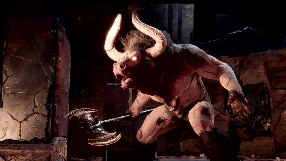 Still from the Assassin's Creed video game showing the horned Minotaur with his axe poised to attack in the Labyrinth