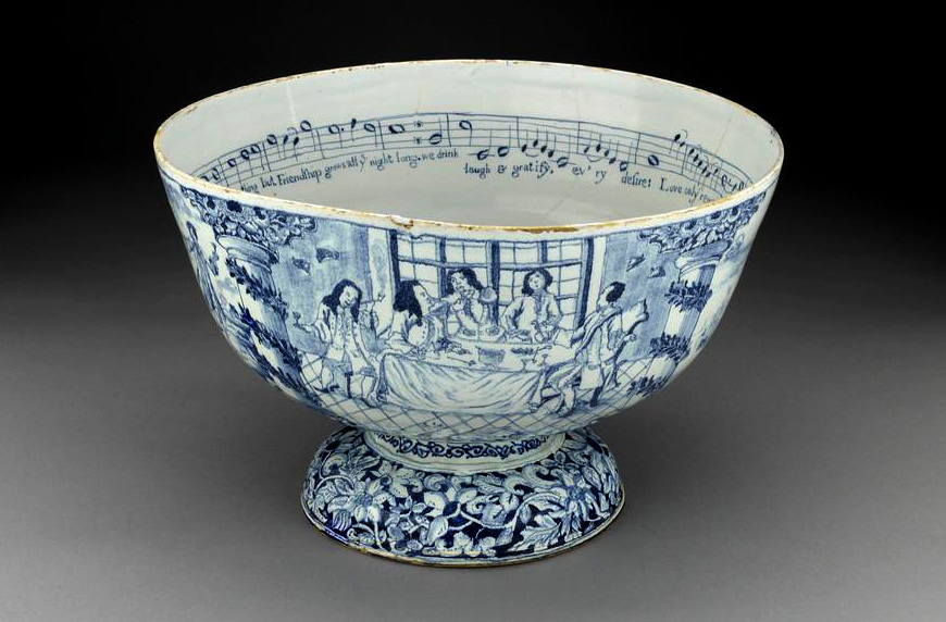 Earthenware punch bowl, tin-glazed (delftware) decorated in blue and white, 1743, by Joseph Flower