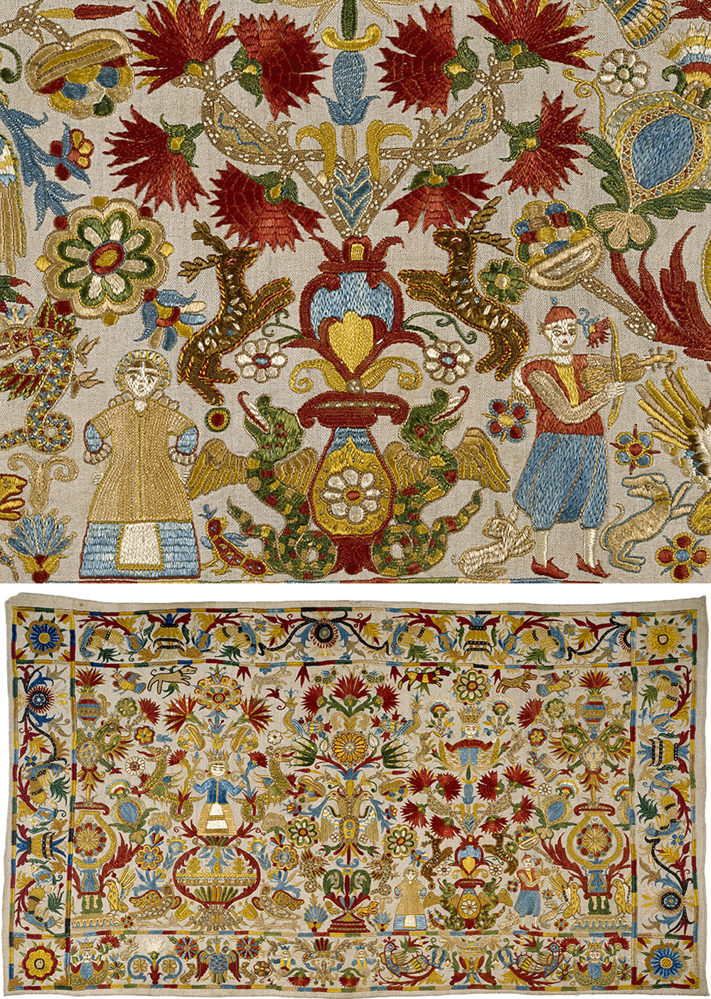 Richly emroidered Cretan cushion cover with golds, reds, and blue design of stags, flowers and figures