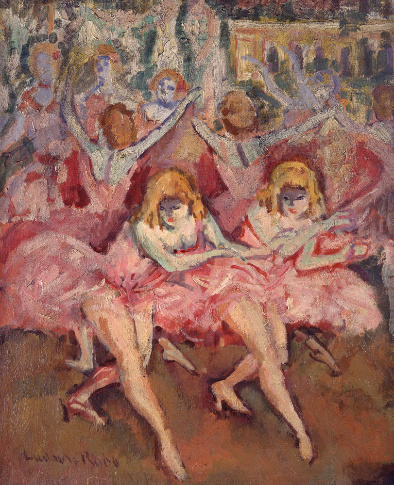 Vibrant oil painting by Ludovic-Rodolphe Pissarro of ballet dancers in pink