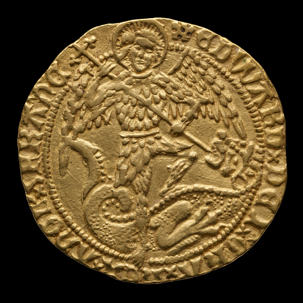 Cold coin showing the Archangel Michael killing a dragon