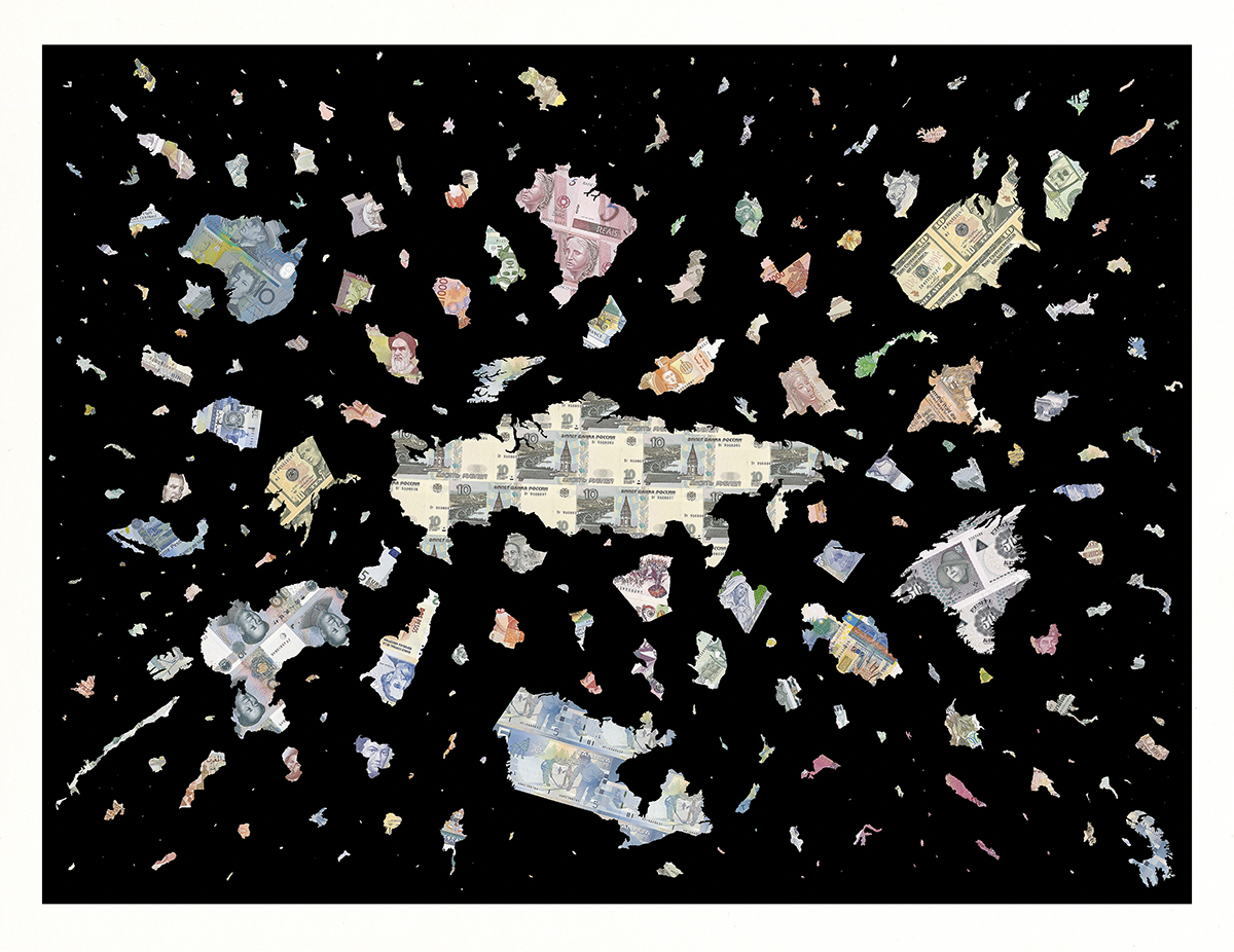 The Bigger Bang-Black by Justine Smith showing torn bank notes scattered and exploded on a black background, inkjet print, made in 2009