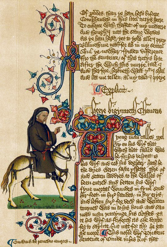 Illustrated page from an early 15th-century lluminated manuscript of Geoffrey Chaucer's Canterbury Tales showing a monk on horseback with a decorative narrative on the right