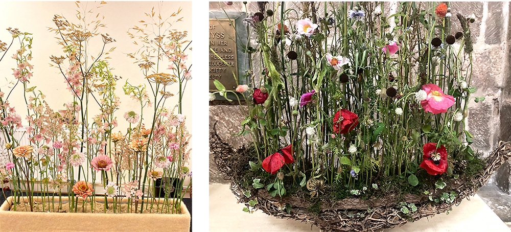 Two lovely flower arrangements side by side, one with pink blooms and one with red blooms