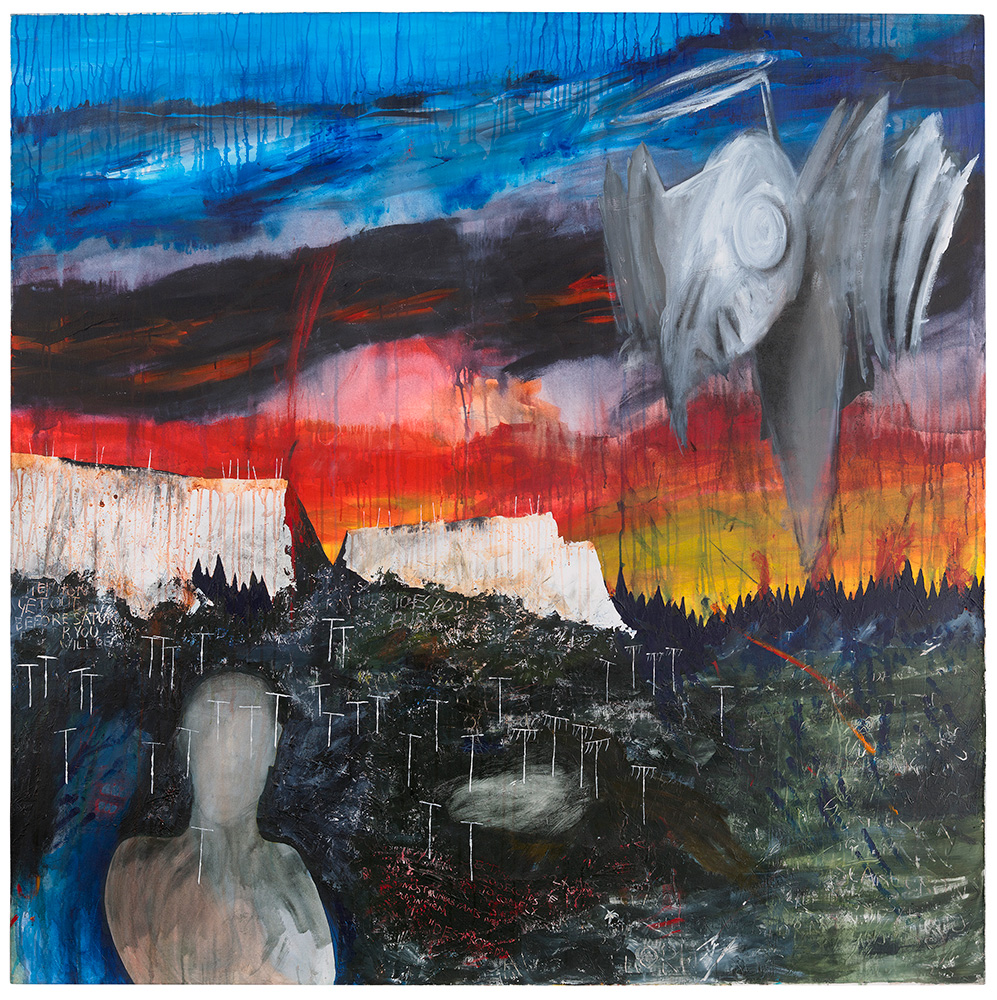 Get Out Before Saturday colourful and abstract artwork showing a mountainous landscape with a grey shadowy creature in the top right and a grey silhouette in the left corner by Stanley Donwood, Radiohead artist