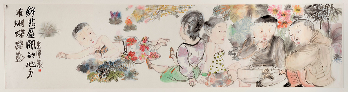 Chinese artist Li Jin's colourful ink painting with inscription called Amongst flowers and butterflies, 2006