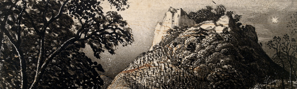 Detail from a black and white landscape drawing by Samuel Palmer