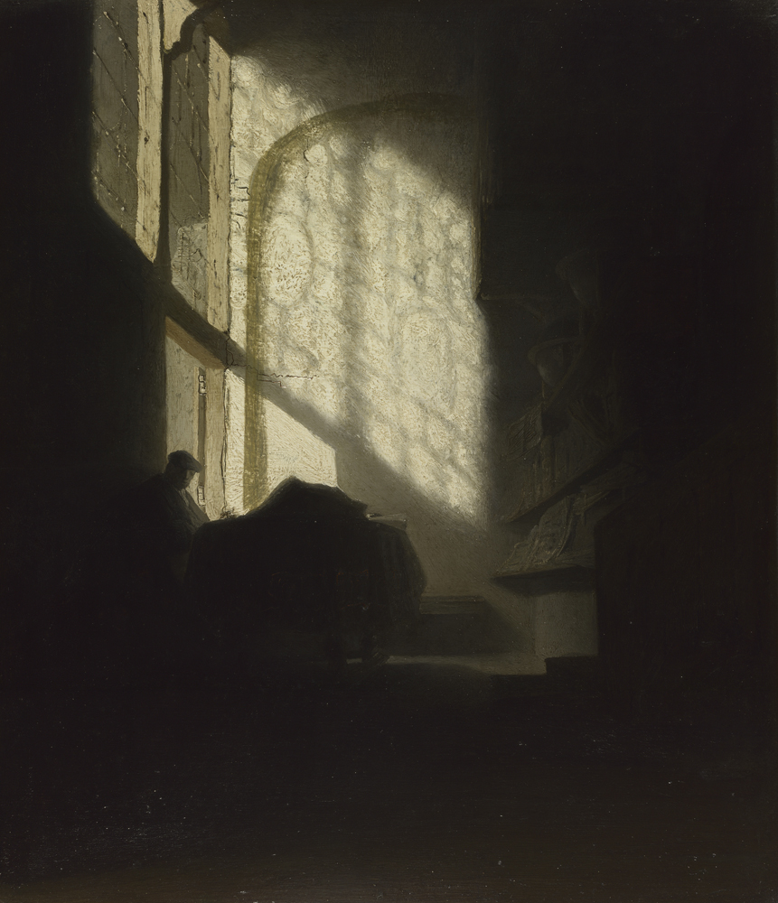2020 Young Rembrandt Exhibition – Follower of Rembrandt, A man seated reading at a table in a lofty room, c. 1628-30 © National Gallery, London