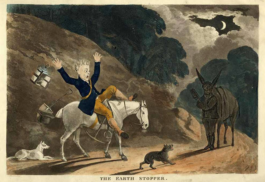 A terrified country estate worker on a white pony with his dogs raises his arms in horror thinking he is seeing the devil on the country lane with the crescent moon above the hills.