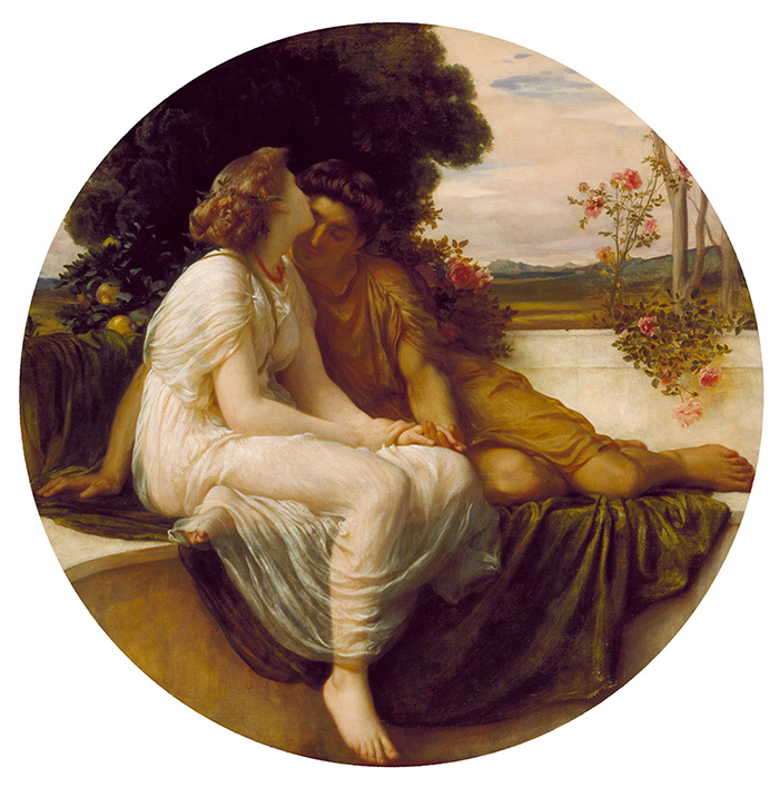 Circular Victorian oil painting of Acme and Septimius by Frederic Leighton showing two lovers taken from a love poem by the Roman poet Catullus