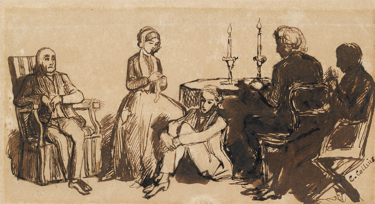 Pen and brown ink sketch on pale brown paper of a casual evening gathering at the Combes' house in Oxford by Charles Alston Collins, 1850-1851. It depicts William Bennett; Martha Combe, Thomas Combe; Charles Alston Collins and John Everett Millais
