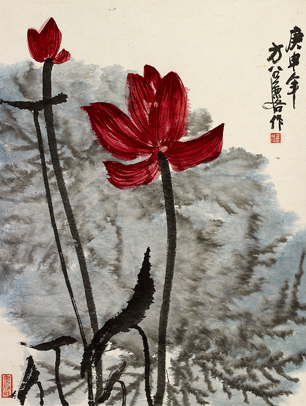 A red lotus ink painting by Fang Zhaoling, 1980