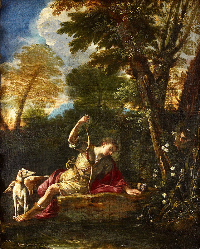 The subject of this 17th century oil painting is Ovid's Metamorphoses showing the god Narcissus looking into a pool at his own reflection in a romantic landscape, a hunting dog is by his side.