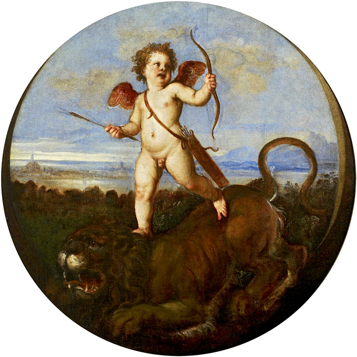 The Triumph of Love, a circular painting made by Titian about 1543 showing Cupid, god of love, with his bow, riding an angry lion, with a blue-skied Venetian landscape in the background 