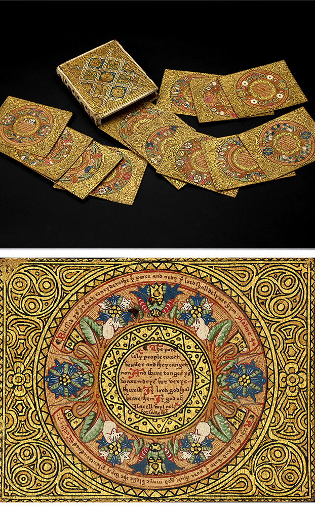 Set of Elizabethan painted wooden trenchers England, c. 1595–1600 and one individual trencher showing the rich colour decorations