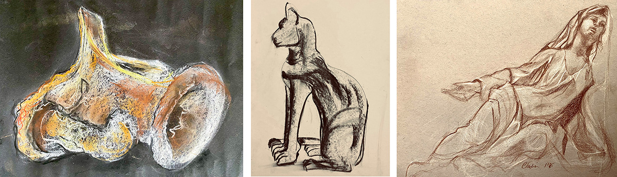 Still life drawing and charcoals of an object, a cat and a woman leaning by Helen Edwards 