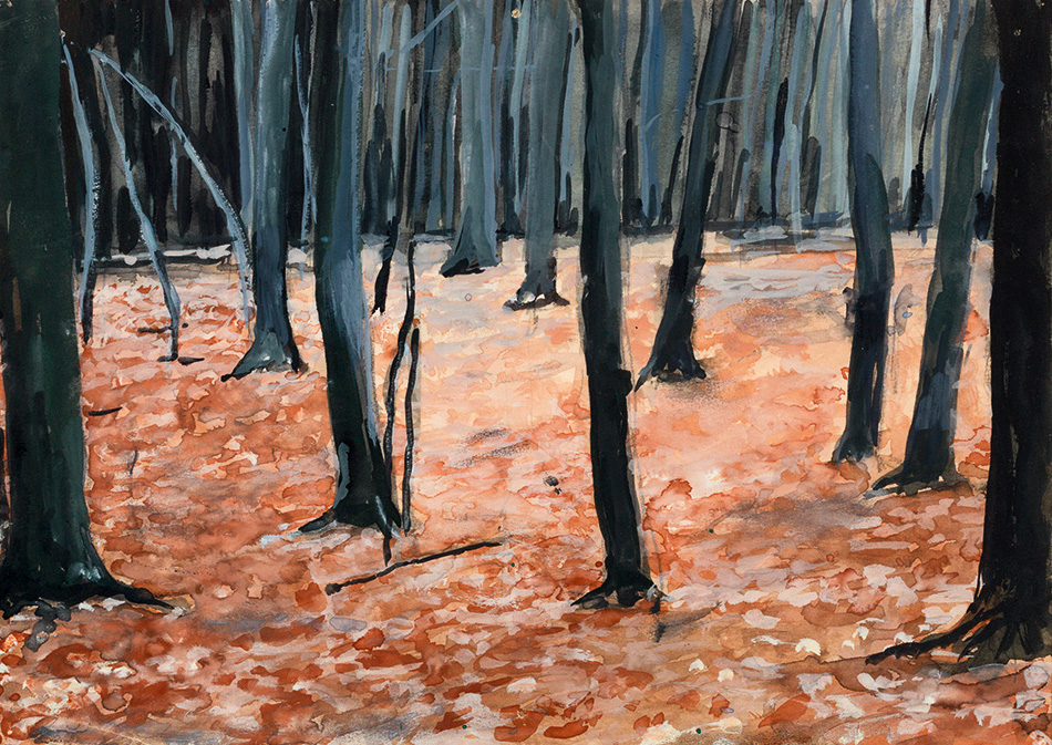 Wald (Forest) by Anselm Kiefer, 1973–74, watercolour on paper, depicting expressive dark tree trunks and autumn leaves on the ground