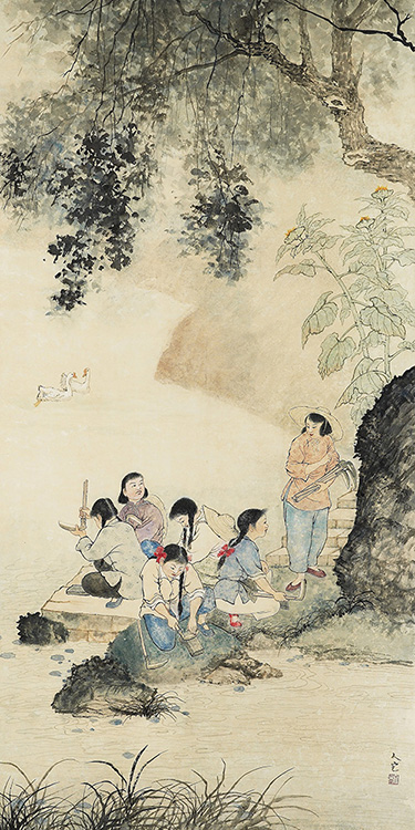 Chinese hanging scroll depicting a group of women sharpening tools in delicate colours, by Fang Rending