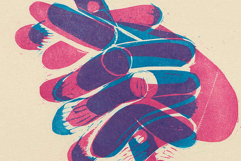 Woodcut print in pink and blue of abstract fingers playing a flute
