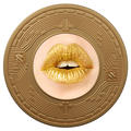 Bitch coin NFT showing a woman's lips inside the circular coin with gold lipstick by artist Sarah Meyohas