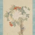 A tall painting of a bouquet of peony flowers