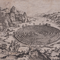 Drawing of the Cretan Labyrinth amongst a hilly landscape