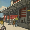 A brightly-coloured woodblock print of figures walking outside a train station in Tokyo