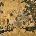 A close up detail of an ink on gold-leaf painting of a dog-chasing game