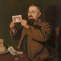 This painting shows an old man holding up a ten shilling note to the light in order to find the watermark. It's by the miniature artist Charles Spencelayh made in 1933.