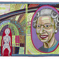 Comfort Blanket tapestry in bright colours, by artist Grayson Perry, 2014 showing popular British symbols and slogans, including the pound sign and Queen Elizabeth's portrait