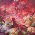 Flora Yukhnovich's artwork from the Ashmolean Now summer 2023 exhibition showing red and pink and white abstract blooms