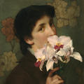 A young woman holds a beautiful bunch of pale pink orchids up to her nose in this painting by the artist Sir Lawrence Alma Tadema, 1879