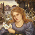A painting of a woman with red hair, in a purple dress, holding white flowers and resting on an open book