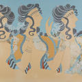 Watercolour copy of a fresco painting at the palace of Knossos, of three ladies against a blue background