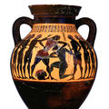 Black amphora vase with a decoration, in orange, of Theseus slaying the Minotaur