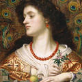 Vivien by Frederick Sandys, 1863, Manchester Art Gallery. A vivid colourful portrait with peacock feather background.