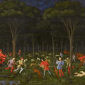 Painting of men, dogs and horses hunting beneath trees and a dark starry sky