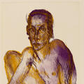 etching of a man printed in yellow and purple on heavy white Fabriano paper by Artist Rainer Fetting, 1989