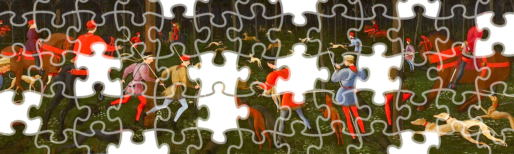 Jigsaw puzzle version of The Hunt In the Forest painting by Uccello