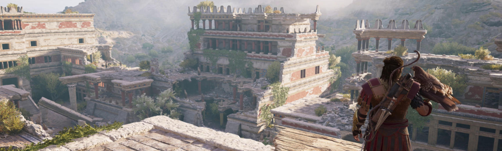 Still from the Assassin's Creed Odyssey video game with a player looking out at Knossos palace
