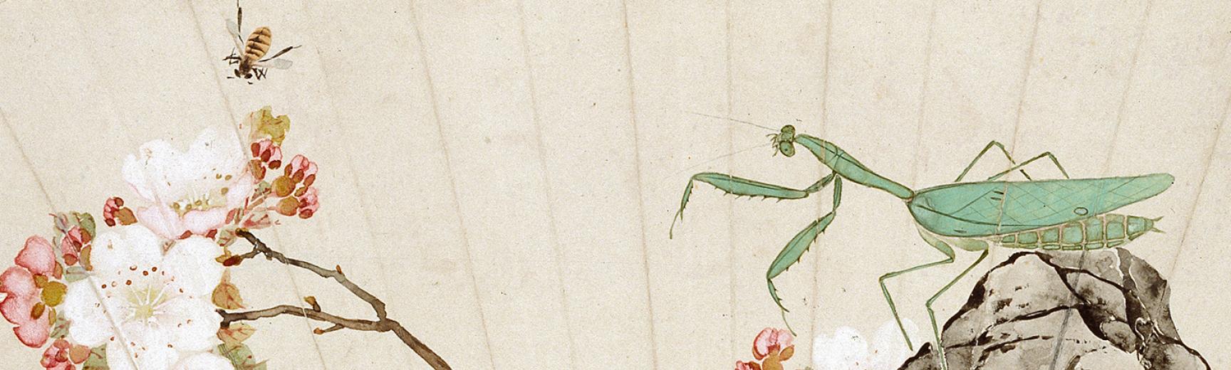 Praying mantis, bee, and prunus blossom Chinese fan, 1881