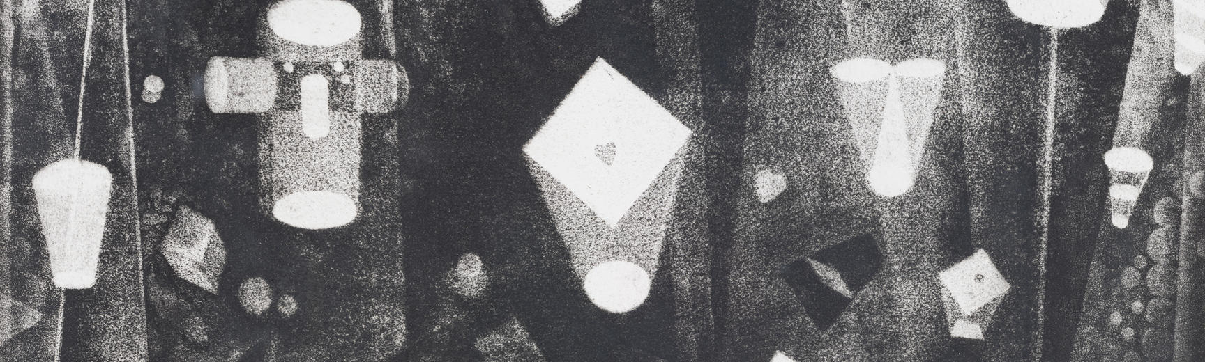 A black and white etching of various wandering 3D shapes drifting in space