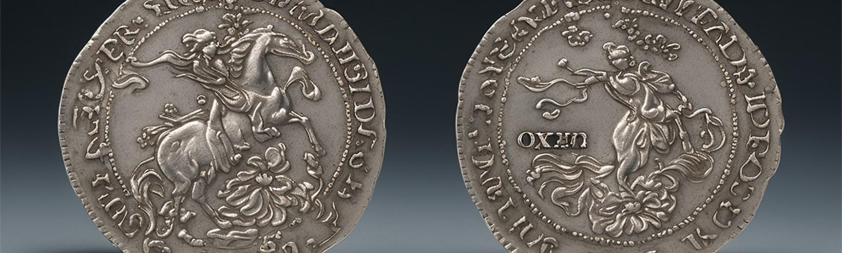 NFT Oxford crown coin generated by AI depicting a female figure - front and reverse