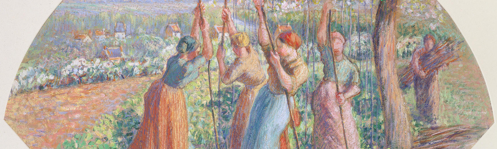 Detail of a painting by Camille Pissarro of women staking peas under a tree
