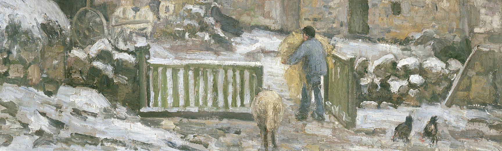 Detail from a famous Camille Pissarro painting of a snowy farm at Monfoucault in France