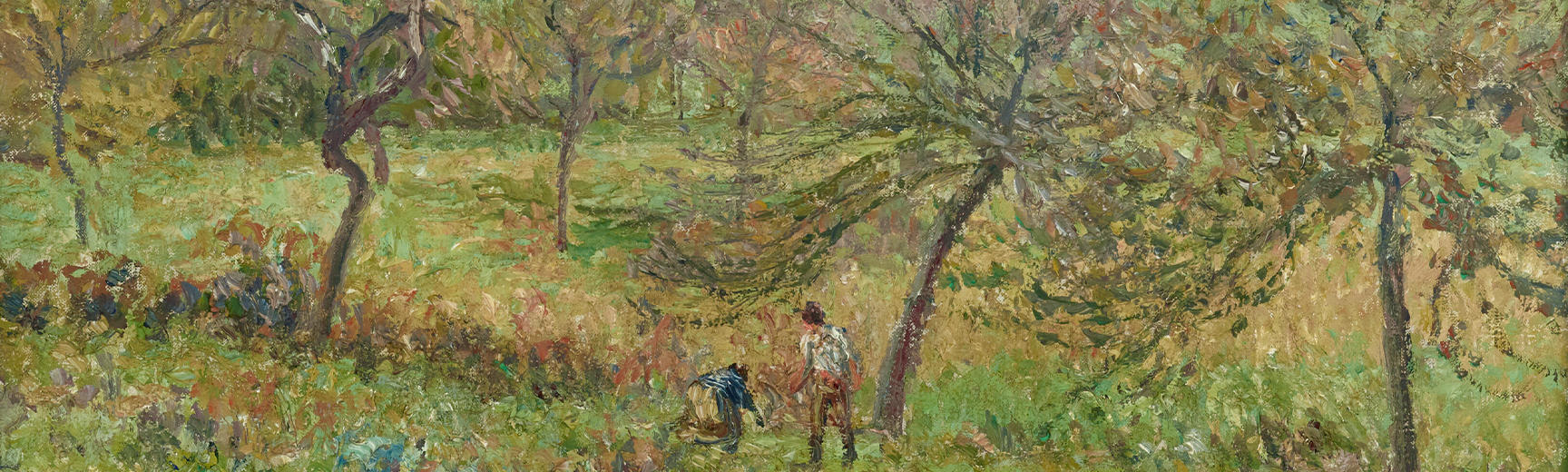 Detail from Autumn, Morning Mist, Eragny oil painting with autumn fields and trees and farm workers by Camille Pissarro